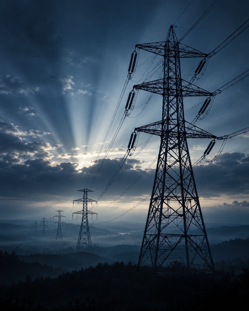 High-voltage transmission towers at dawn