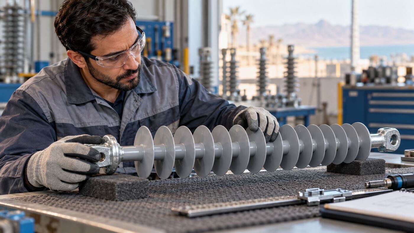 Technician inspecting a composite insulator