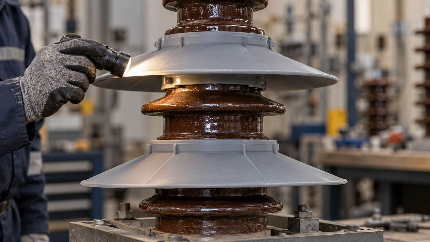 Silicone creepage extenders on a porcelain insulator