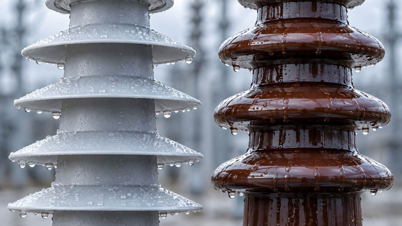 Rain-kissed silicone and porcelain bushings